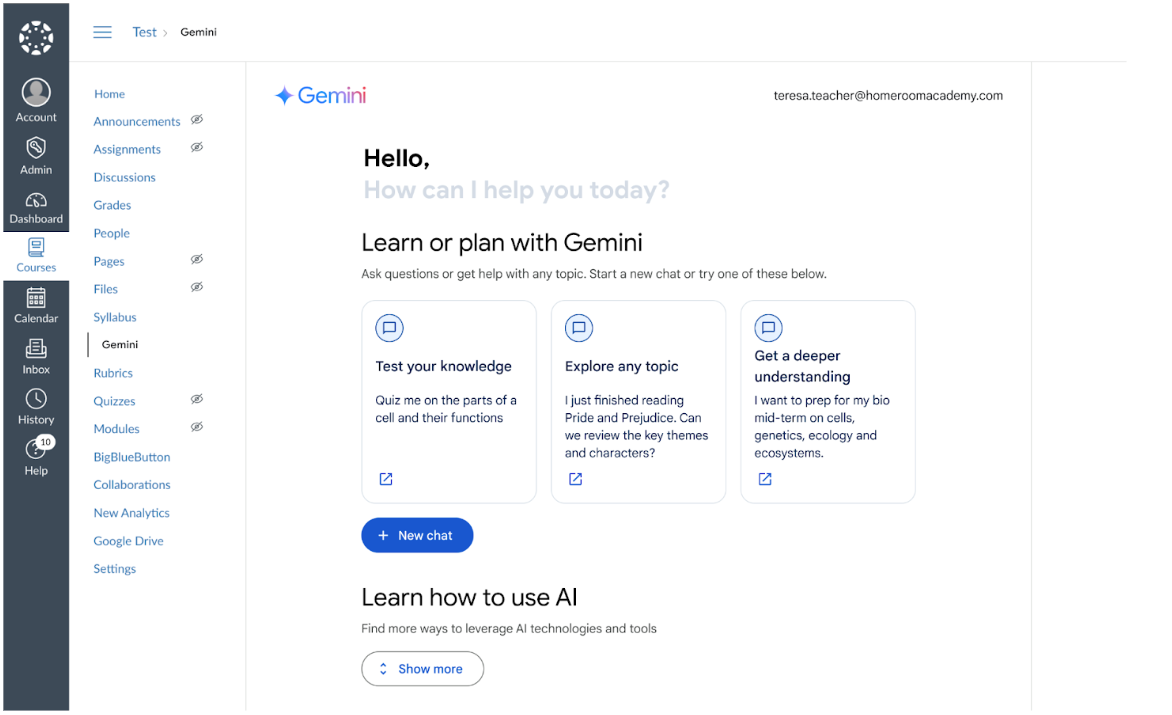 screenshot of Canvas LMS homepage with Gemini prompts