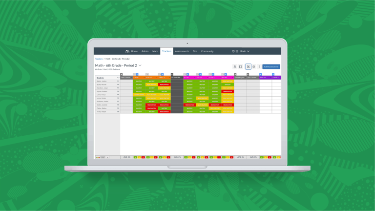 A green splashy background with a laptop in front displaying a spreadsheet with student performance data. This data is displayed in an assessment management system - Mastery Connect.