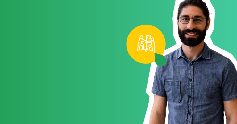 Green gradient with yellow icon of two people coming together and a man in a blue shirt