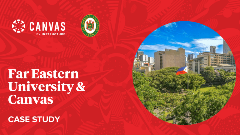 Canvas and Far Eastern University logo on a red background with an image of the FEU campus