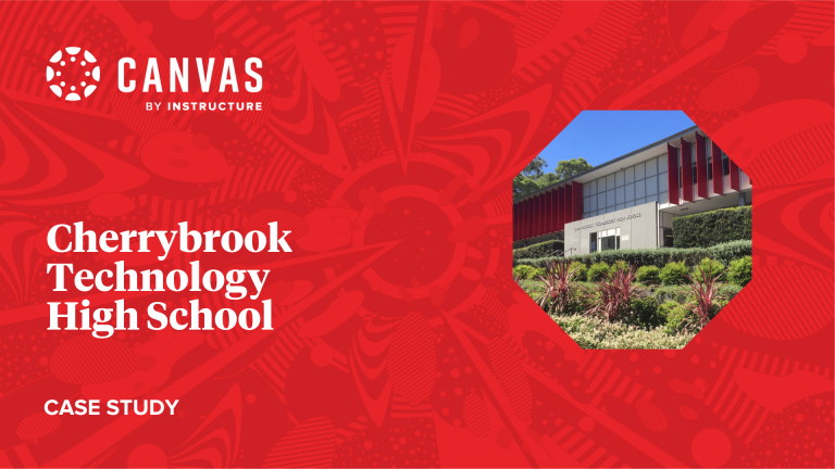 Red patterened background with a small image of Cherrybrook Technology High School