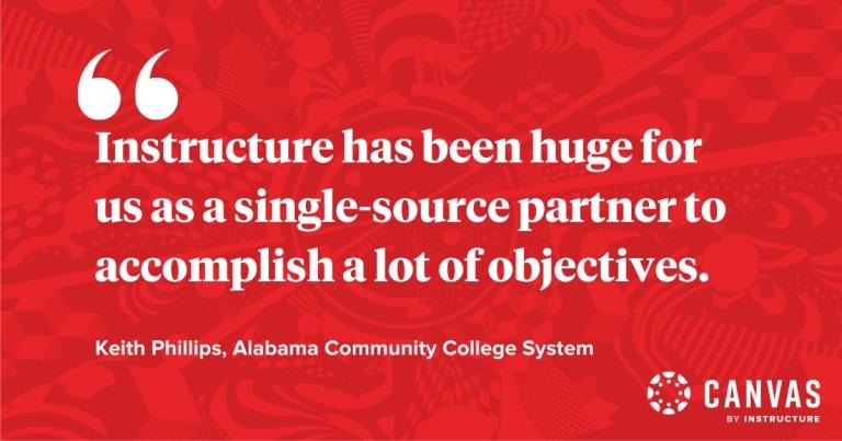 Red background, white text, with quote: Instructure has been huge for us as a single-source partner to accomplish a lot of objectives