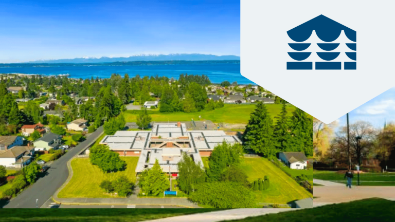 edmonds school district overhead shot, green lawns and blue water and mountains in the background