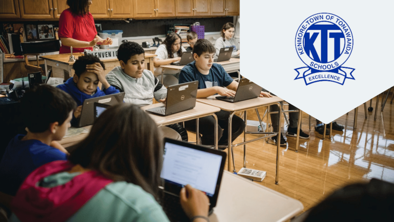 blue logo for kenton unified school district with a pic of a classroom learning on chromebooks