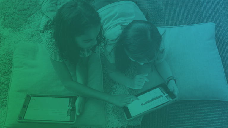 image: students sitting on ground looking at iPads with a green gradient overlay