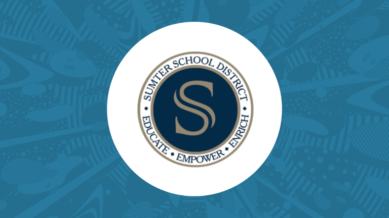 blue splashy background with a blue and gold logo for Sumter School District