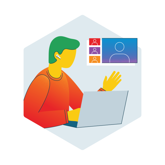 Illustration of a person on a computer with an image of a video call on it